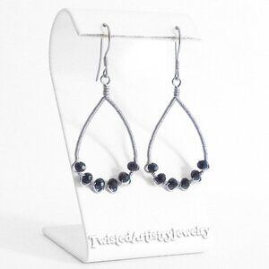 Black Crystals Wire Wrapped ZigZag Teardrop Hoop Earrings